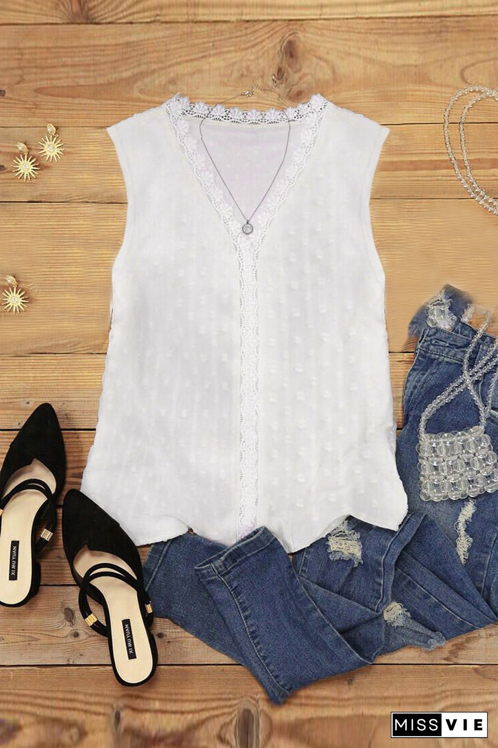 White Crochet V Neck Textured Tank Top