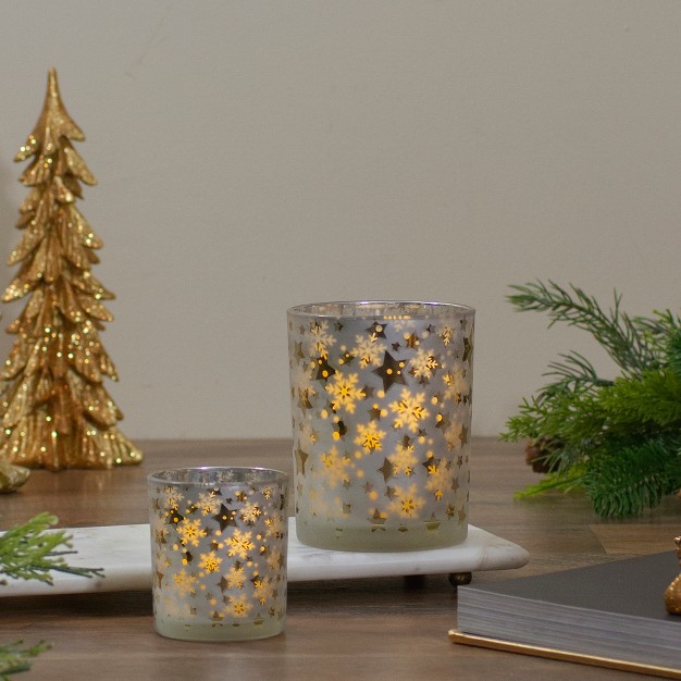 Matte Silver And Gold Stars And Snowflakes Flameless Glass Candle Holder