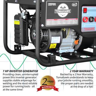 Tomahawk Power 120 Amp DC Multi Process MMA Stick Welder Generator w 7 HP 2200-Watt Inverter Engine Driven Welder and Wheel Kit TWG120A