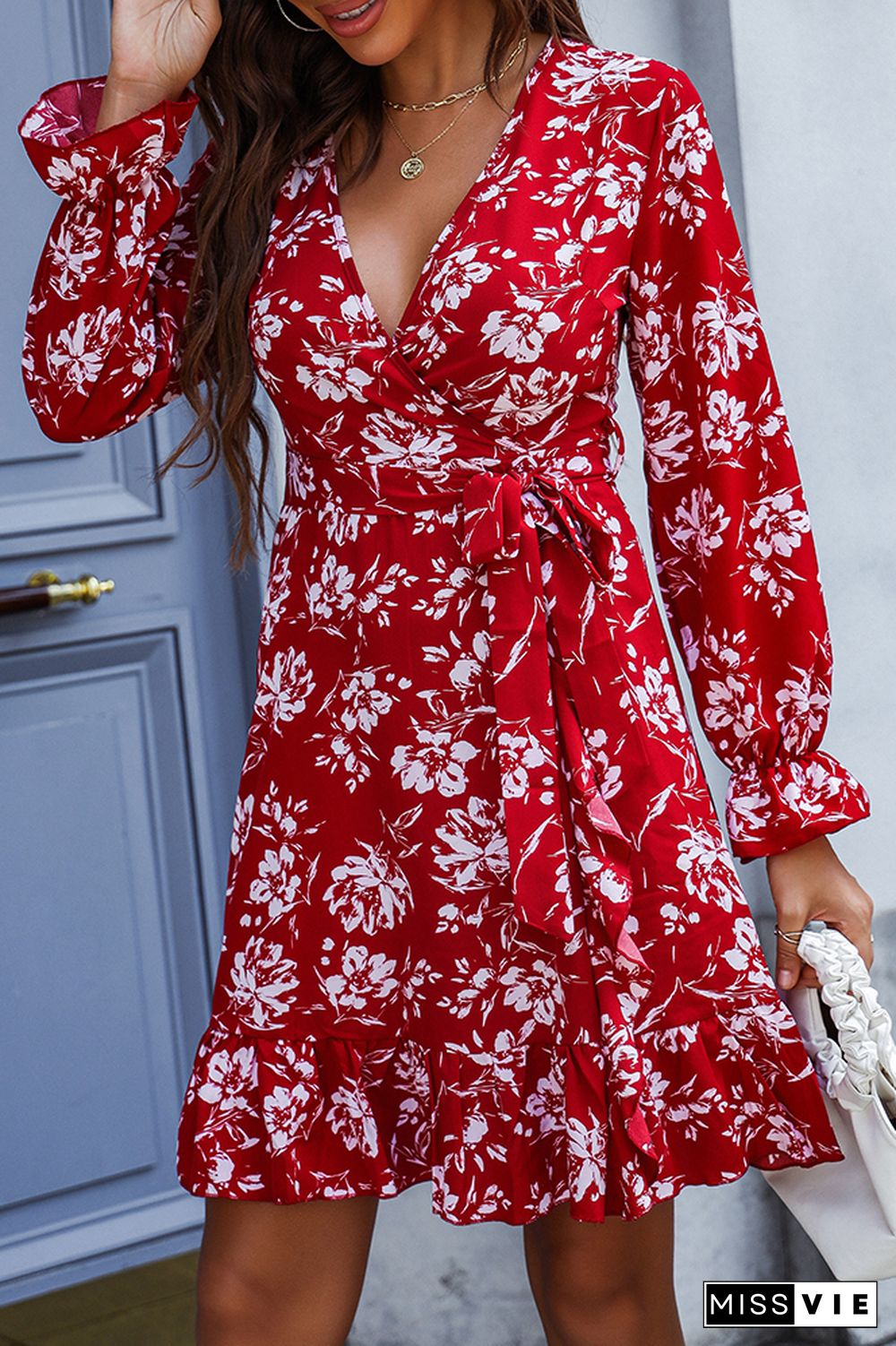 Red Surplice V Neck Waist Tie Floral Dress