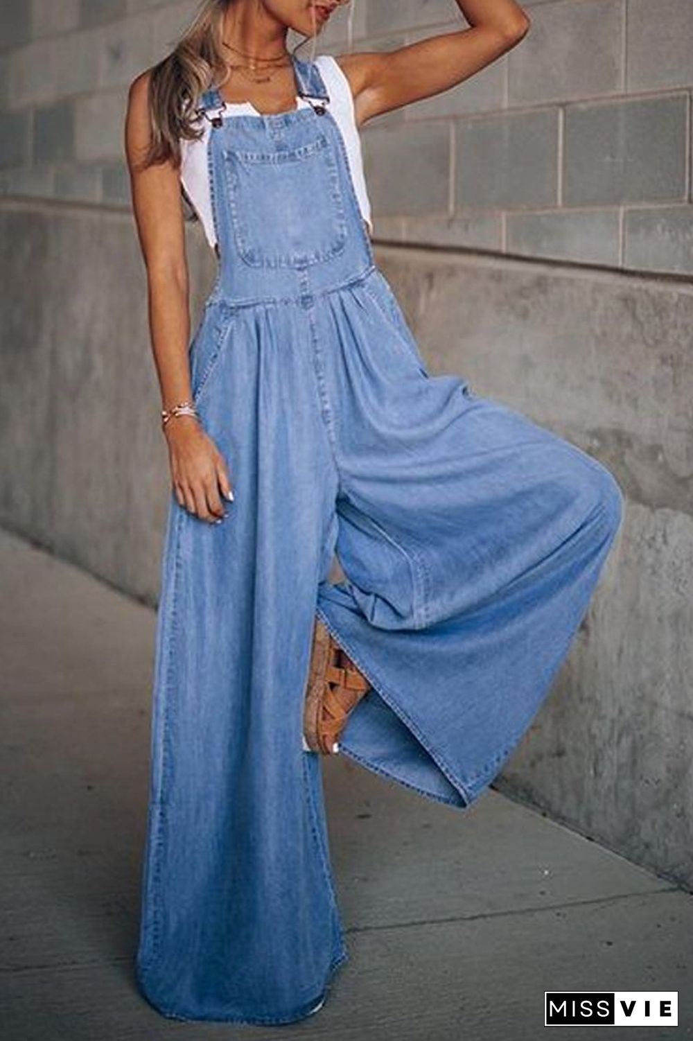 Denim Wide Leg Suspenders Jumpsuit