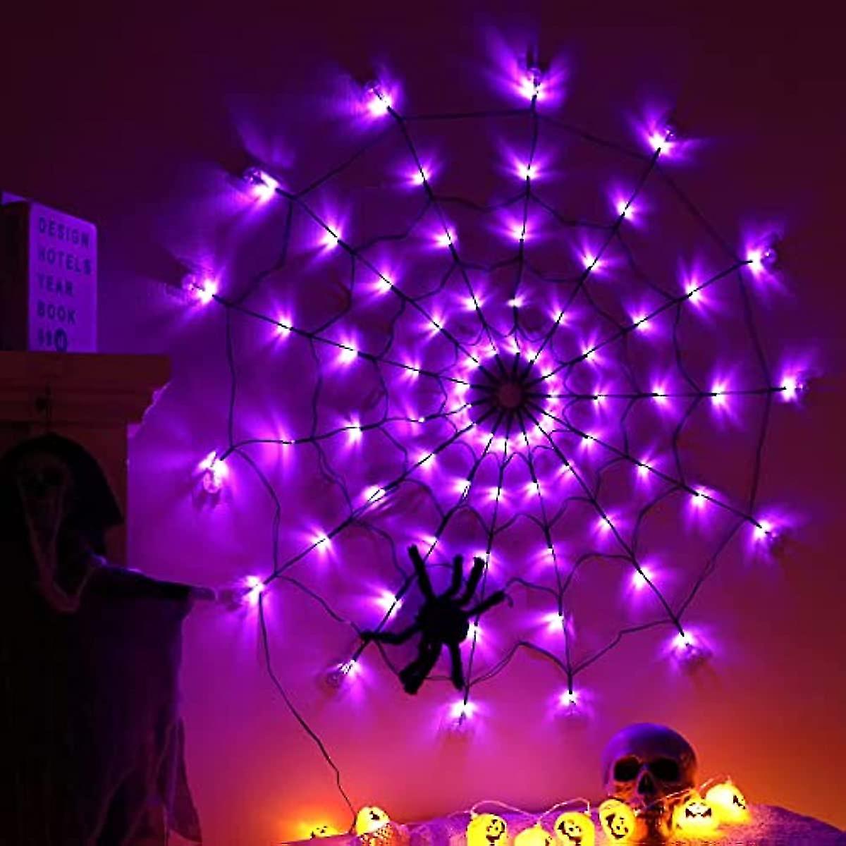 Halloween Cobweb Lights Purple Spider Web Light Halloween Decorations Indoor Outdoor Light Up Spider Web Battery Operated Waterproof Spiderweb 1m Wspi