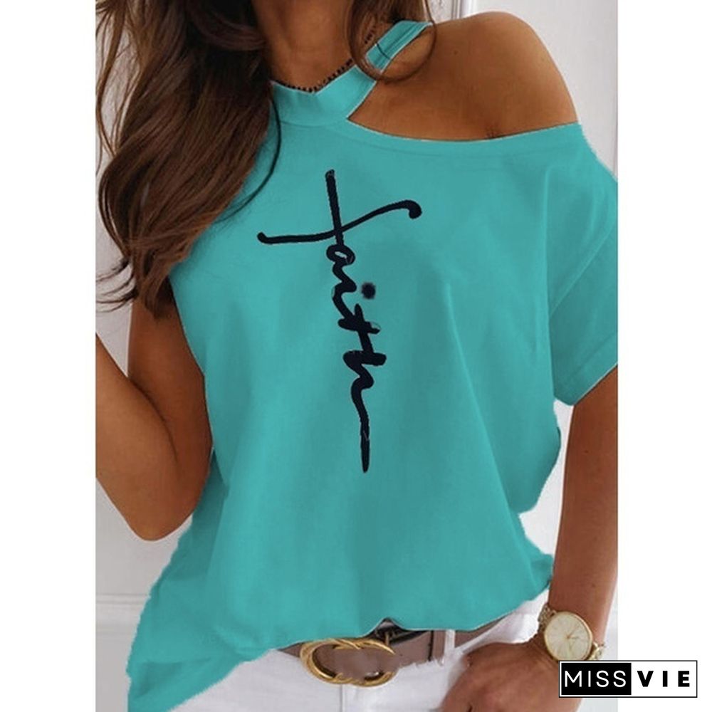 Plus Size Off Shoulder Print T Shirt Women Loose Casual Summer T-shirt Short Sleeve Cotton Tops