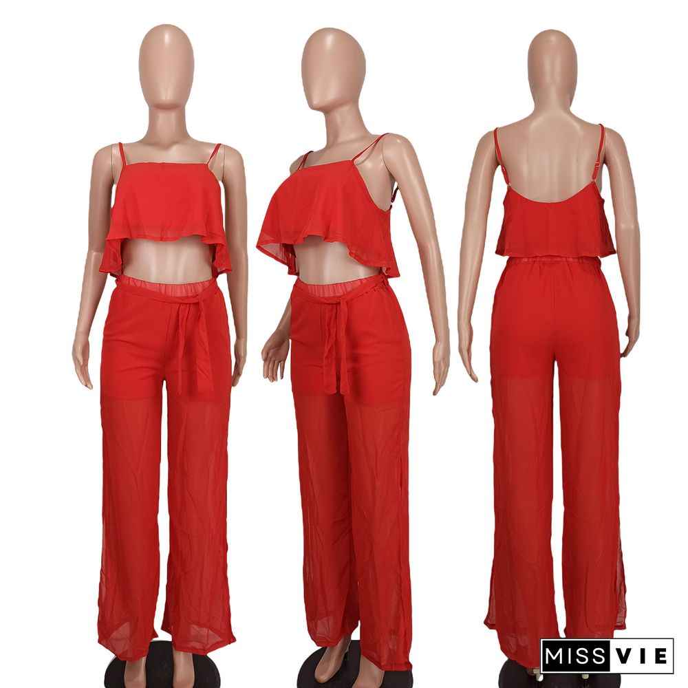 Chiffon Patch Camisole Loose Split Pants 2 Piece Set