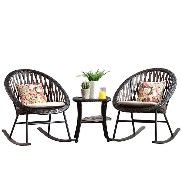 OVIOS 3piece Patio Rocking Chair Bistro Set with Glass Coffee Table