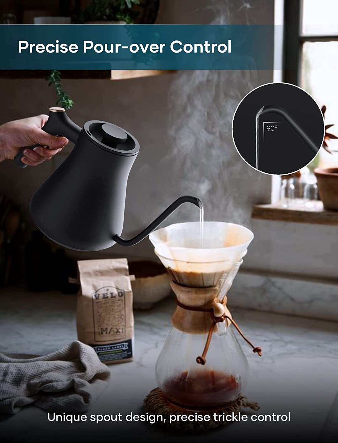 Electric Kettle， INTASTING Electric Gooseneck Kettles Temperature Control， 0.9L Stainless Steel Inner， ±1℉ Precision， Quick Heating， for Hot Water， Pour Over Coffee， Tea， Matte Black