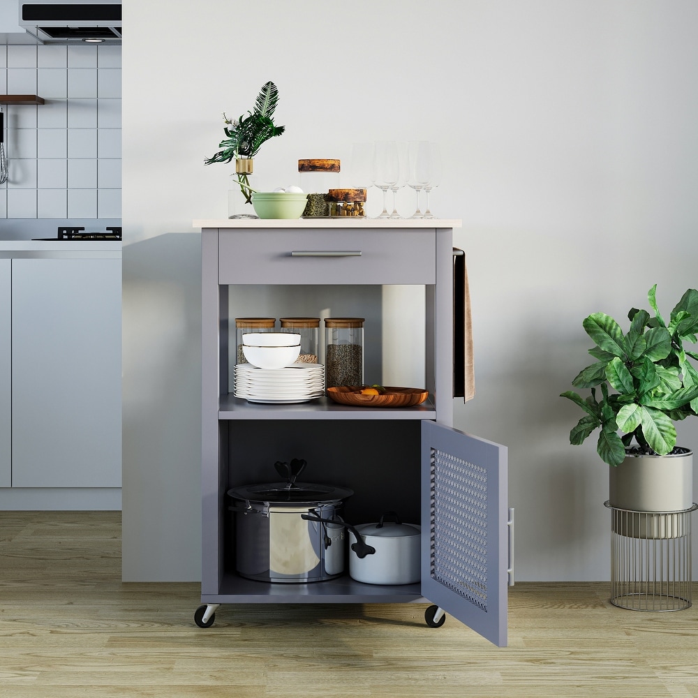 Rolling Rattan Kitchen Cart with Single Door Cabinet and Storage Shelf