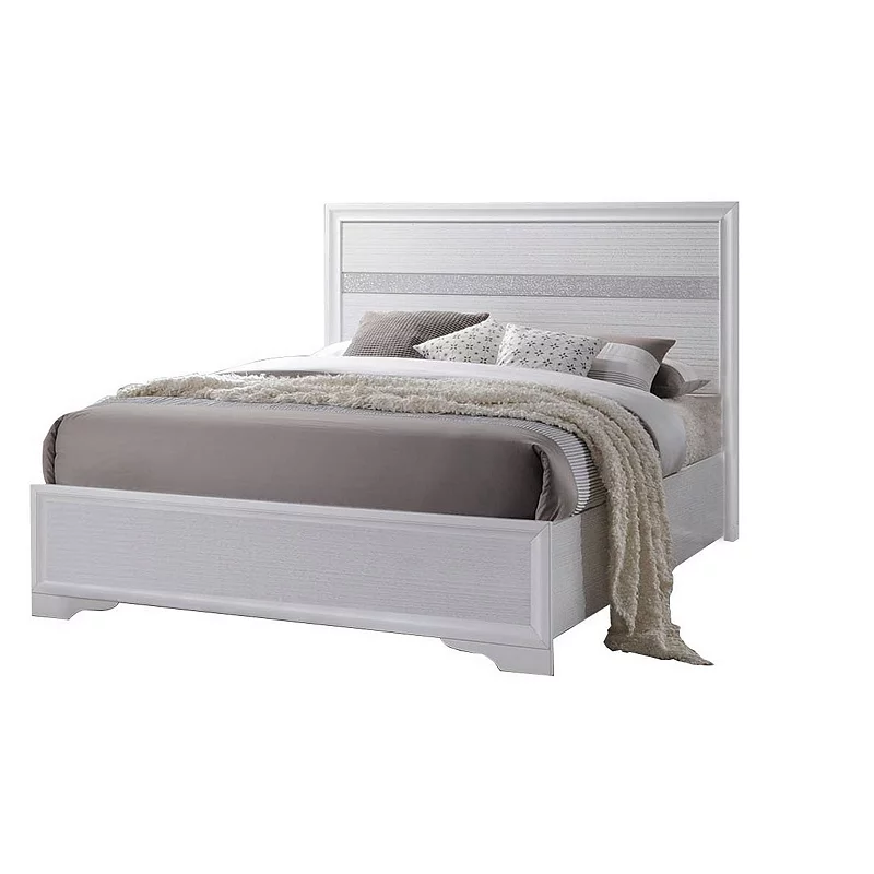 Wooden Twin Size bed with Bracket Legs and Crystal Accented Headboard， White