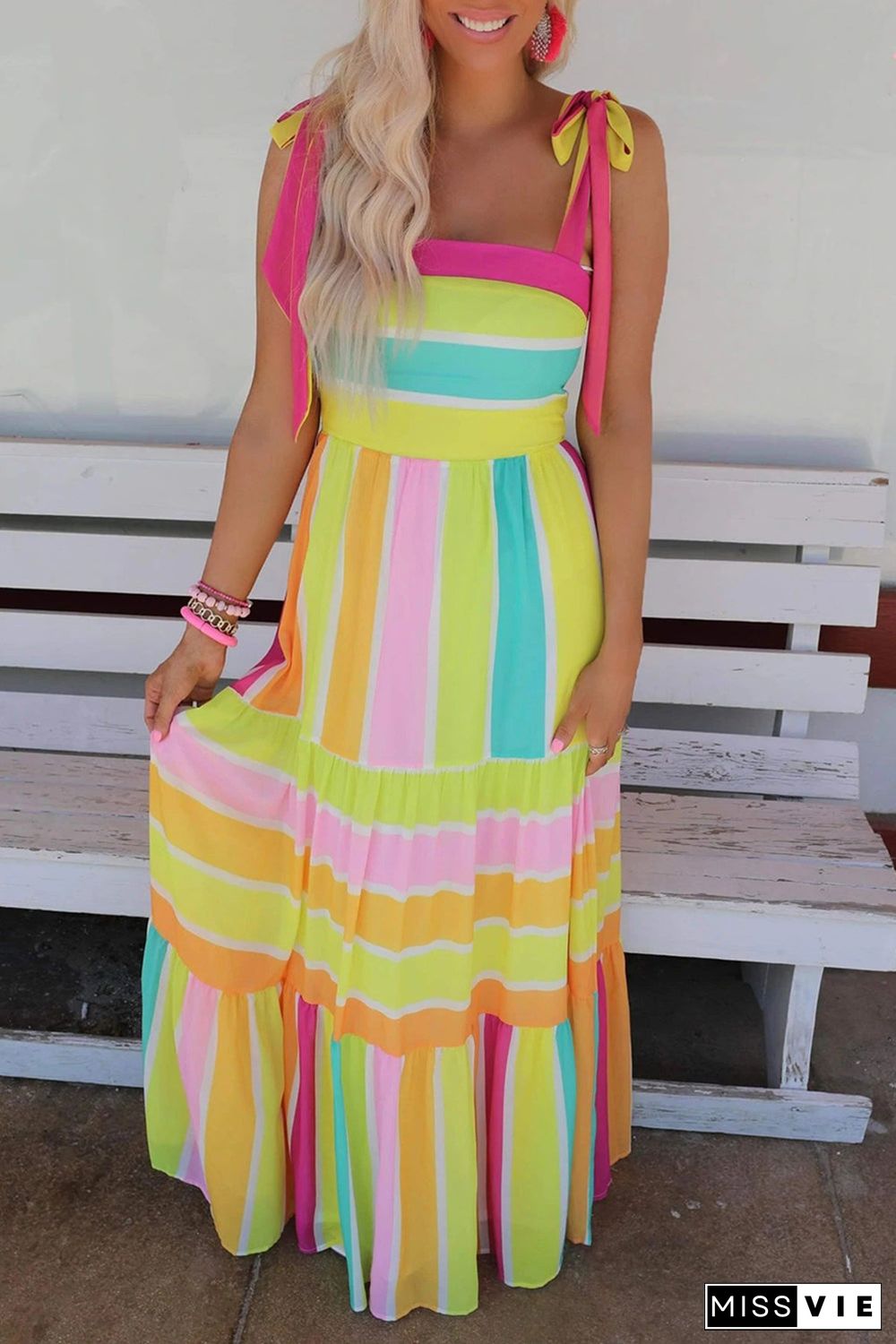 Color Block Striped Bow Knot Straps Maxi Dress