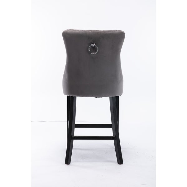 Contemporary Velvet Upholstered Bar stools Set of 2 with Chrome Nailhead Trim Decoration and Wooden Legs