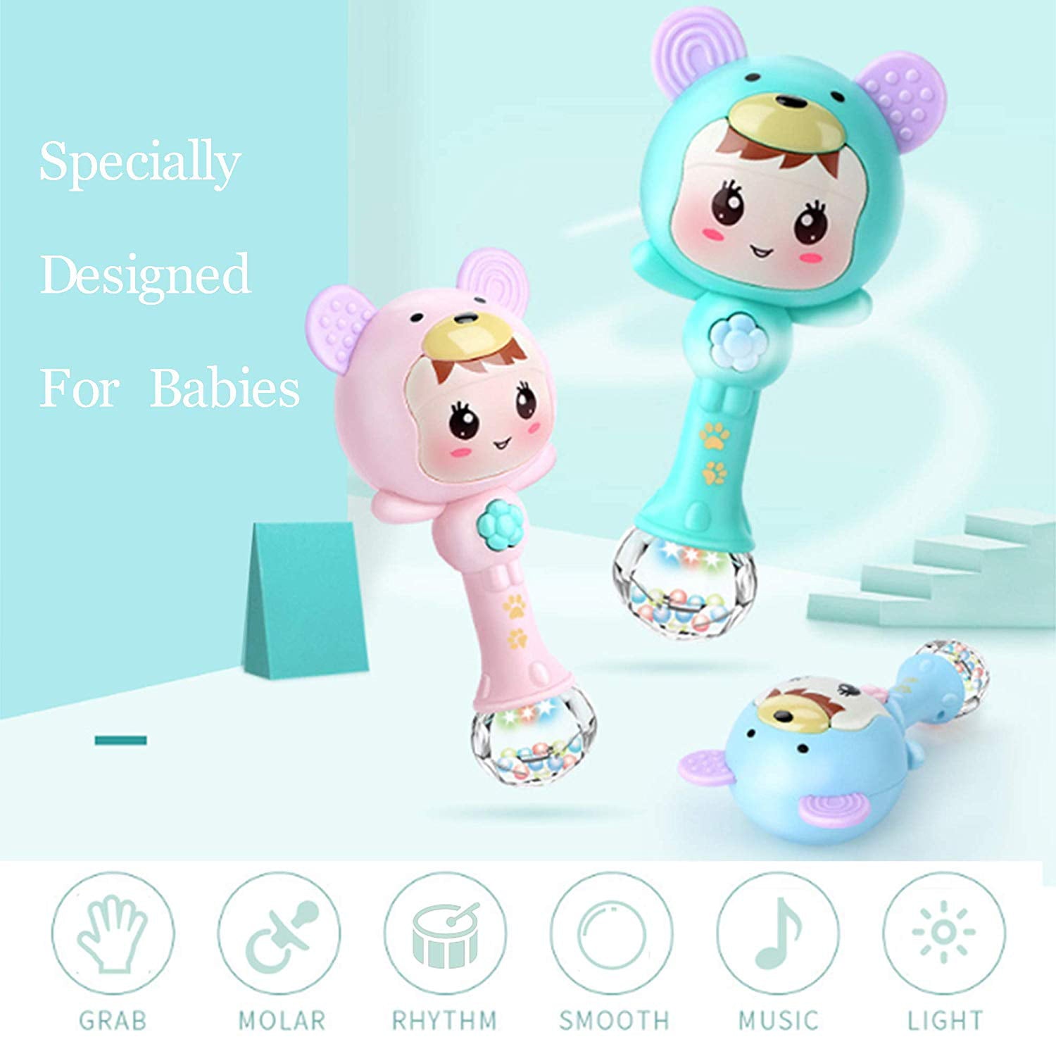 Auchen Teething Musical Toys， Teether for Babies BPA Free， Baby Toys for 3-9 Months Old Molar Teether Rattle Toy for 6-12 Months Old Baby， Newborn Gift!