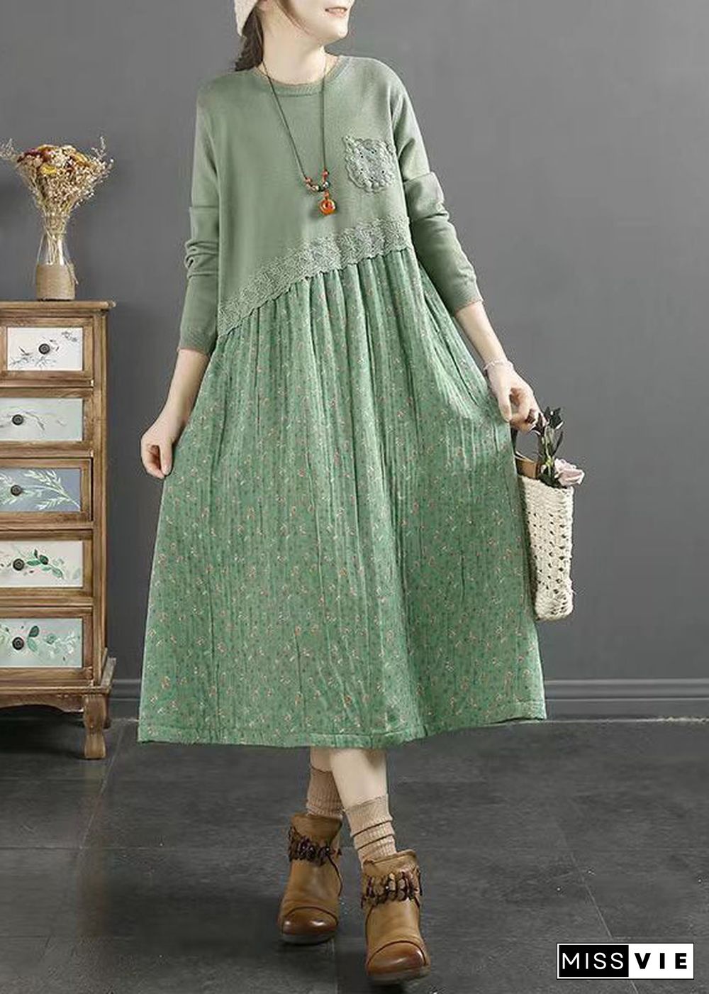 Natural Green O Neck Print Lace Patchwork Cotton Dresses Fall