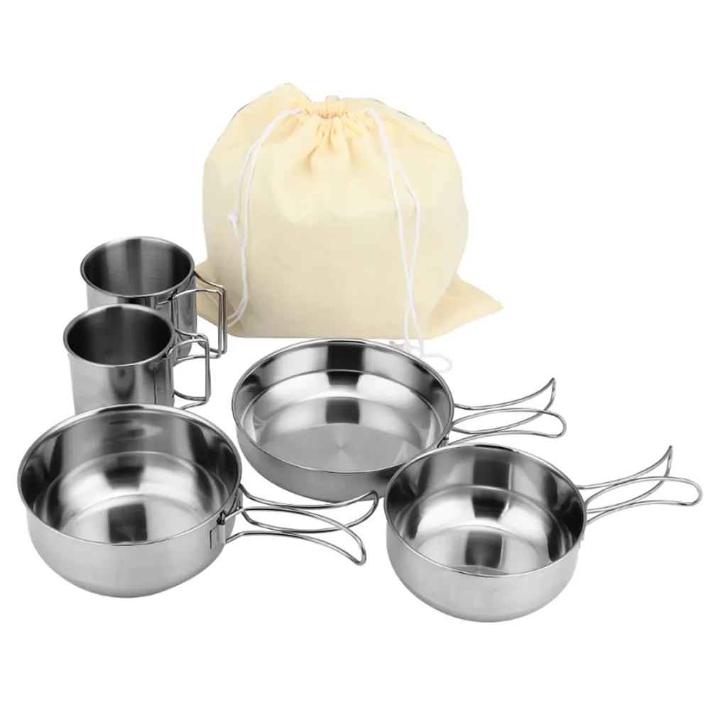 Cross border outdoor mountaineering portable 5 piece pot camping picnic barbecue travel fishing stainless steel cups and bowls