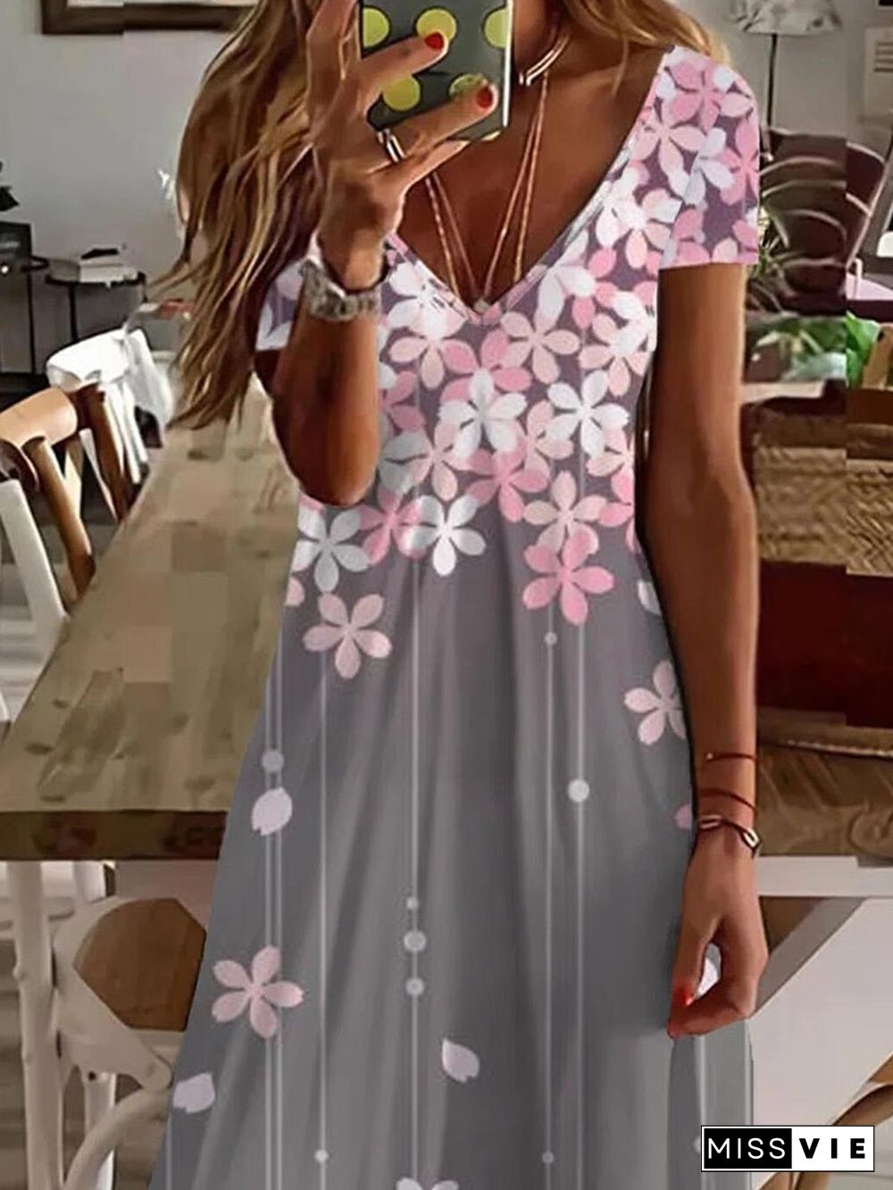 Women'S Dresses Floral Print V-Neck Short Sleeve Dress