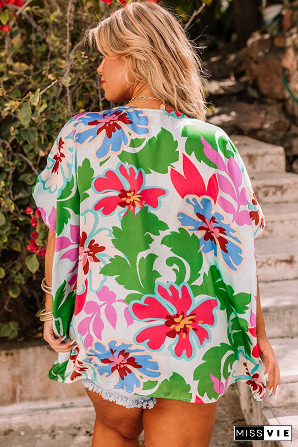 Green Floral Print Faux Wrap Plus Size Blouse