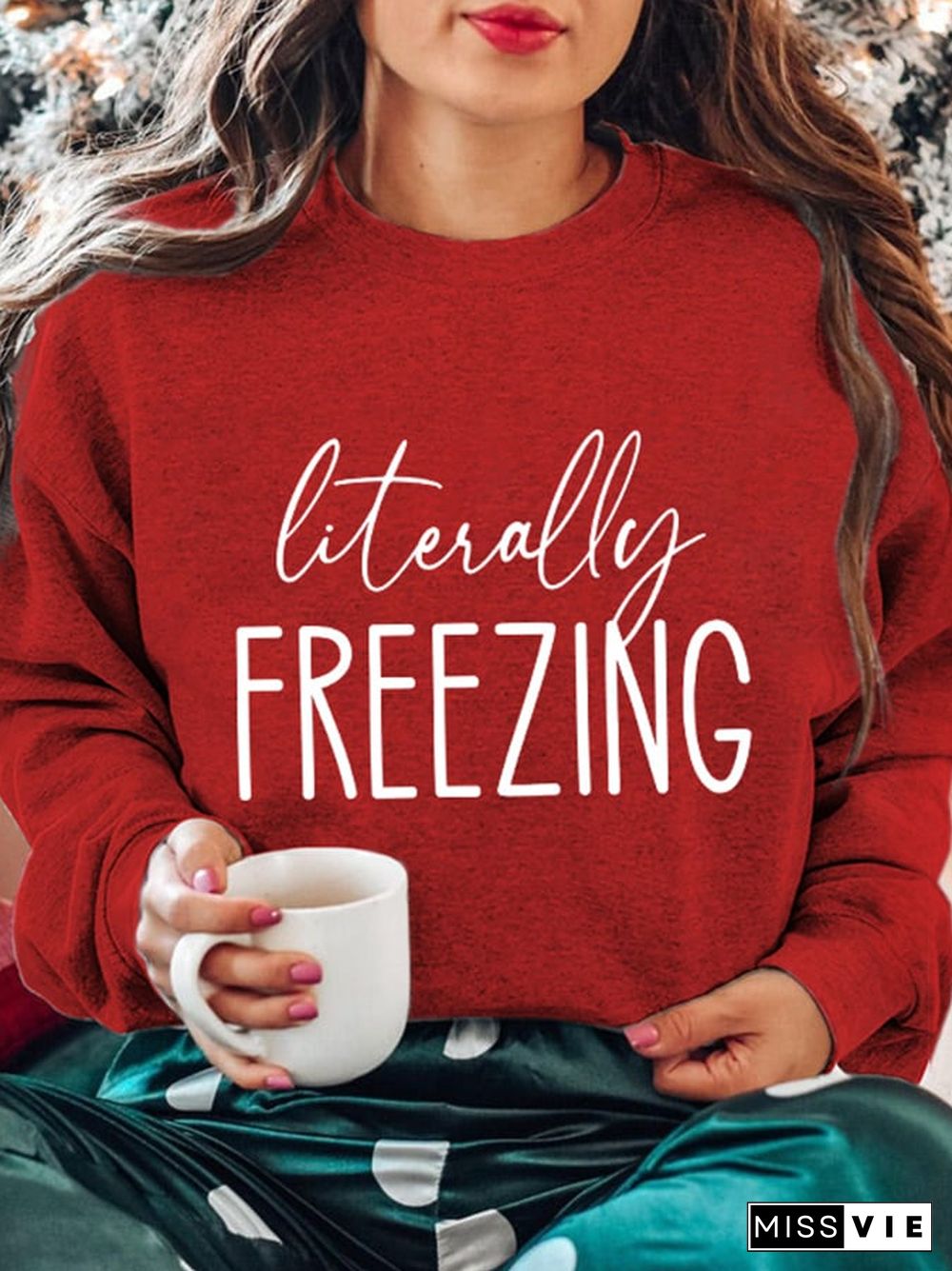 Retro Literally Freezing Print Crew Neck Sweatshirt