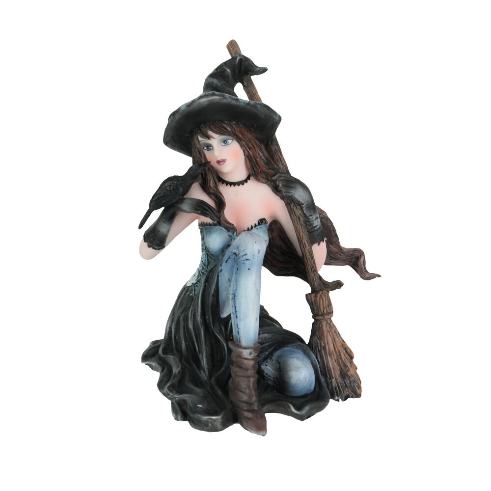 Sitting Witch Holding Broomstick W/Black Raven Figurine Statue   5.5 X 4.25 X 4.25 inches