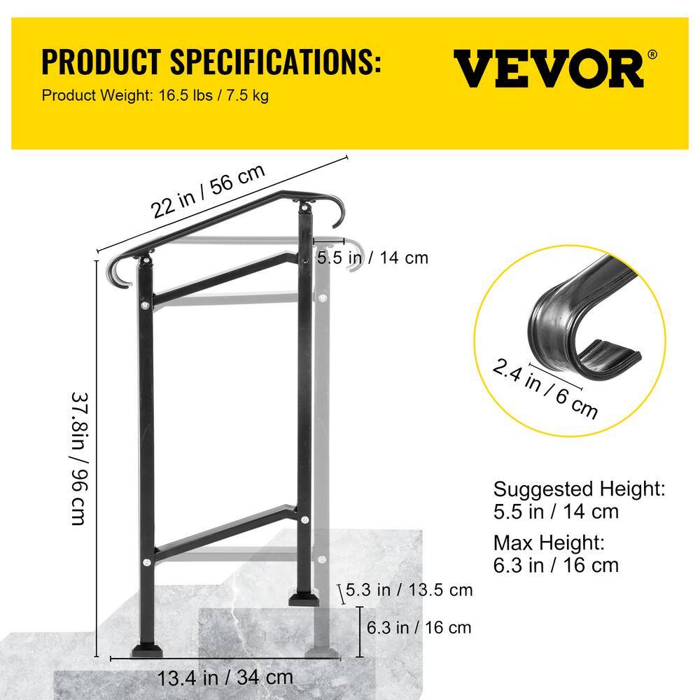 VEVOR Outdoor Stair Railing Fit 1 or 2 Steps Wrought Iron Handrail Adjustable Front Porch Hand Railings Black LTFSLDS1BMLFS0001V0