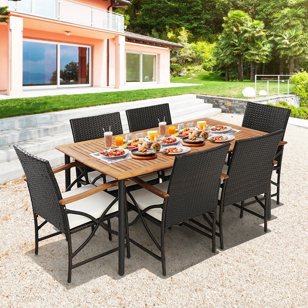 Costway 7pcs Patio Wicker Dining Set Cushion Acacia Wood Armrests Table With Umbrella Hole