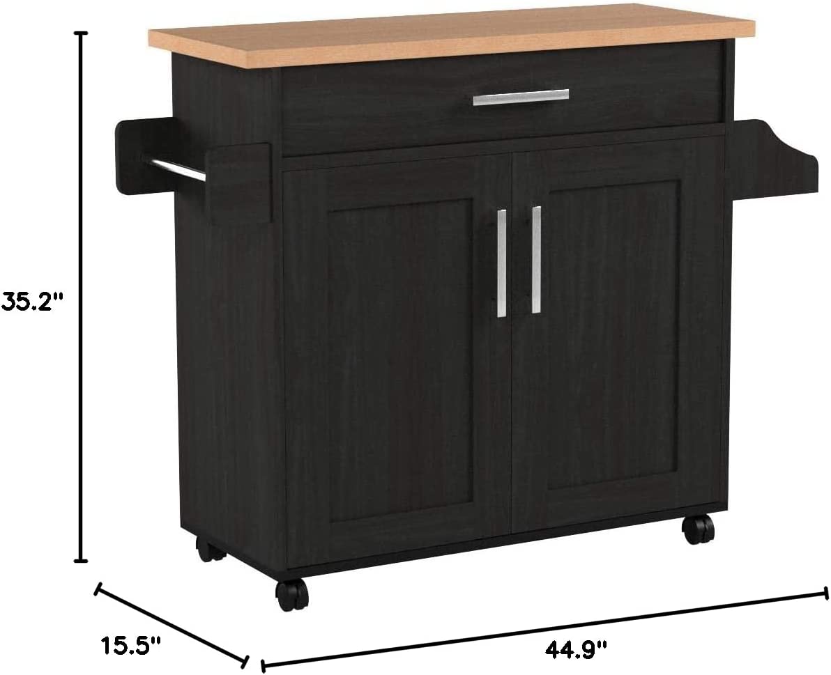 Hodedah Kitchen Island with Spice Rack， Towel Rack and Drawer， Black with Beech Top