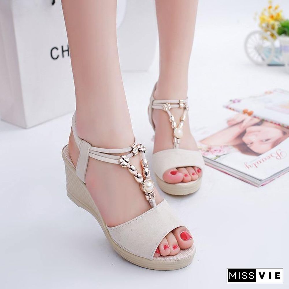 Women Wedges Sandals Summer Platform Shoes Woman Open Toe Slip On Sandal String Bead Female Fashion High Heels Casual Shoes