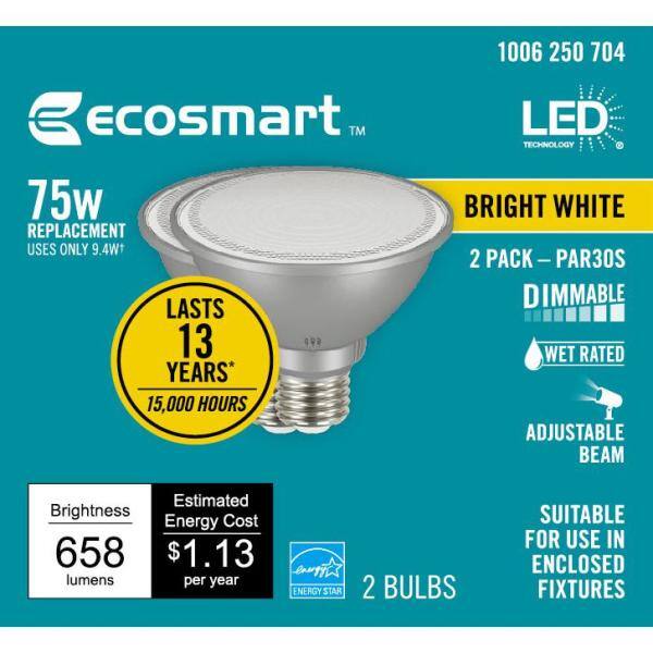 EcoSmart 75-Watt Equivalent PAR30S Dimmable Adjustable Beam Angle LED Light Bulb Bright White (2-Pack) A20PR30S75ES32