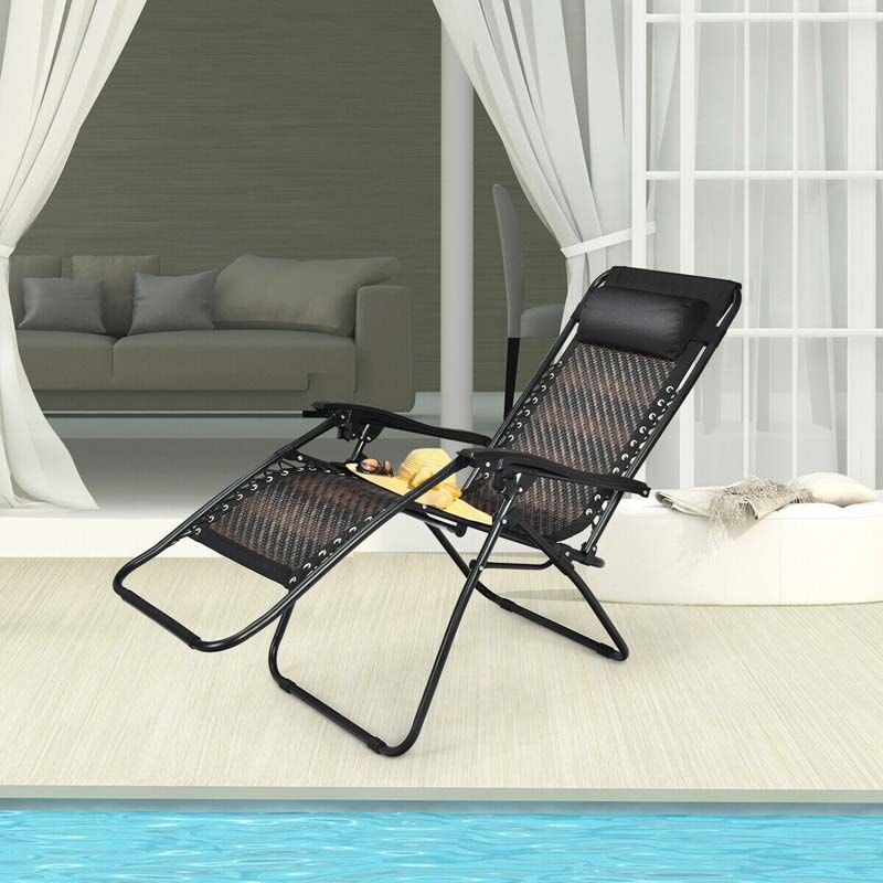 Rattan Folding Zero Gravity Lounge Chair Outdoor with Removable Pillow, Locking System, Adjustable Portable Patio Armchair