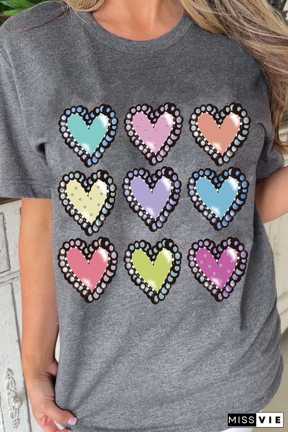 Gray Colorful Heart Shaped Print Crew Neck Casual Tee