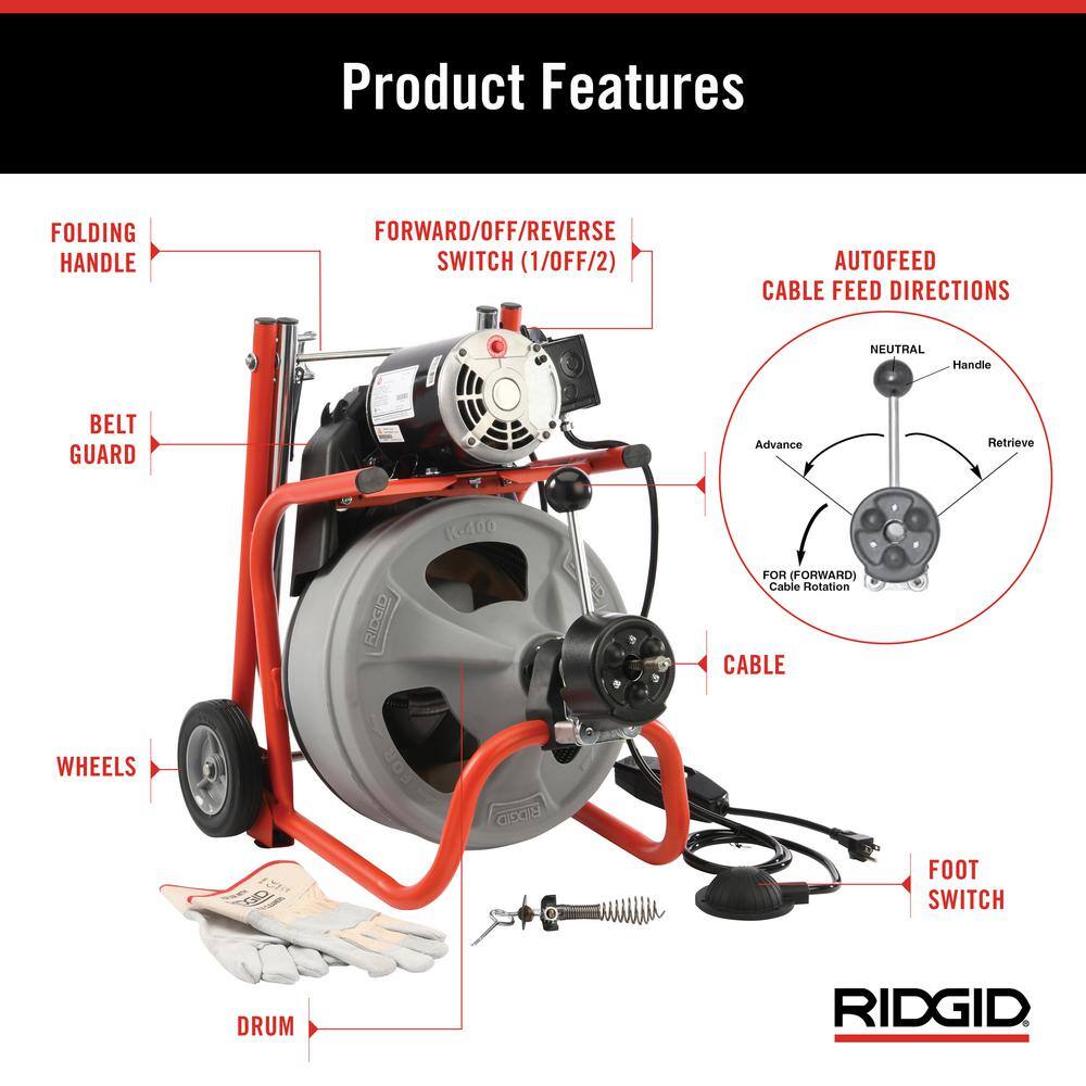 RIDGID K-400 AutoFeed Drain Cleaning Snake Auger 120-Volt Drum Machine and C-45IW 12 in. x 75 ft. Cable + Tool Set  Gloves 27013