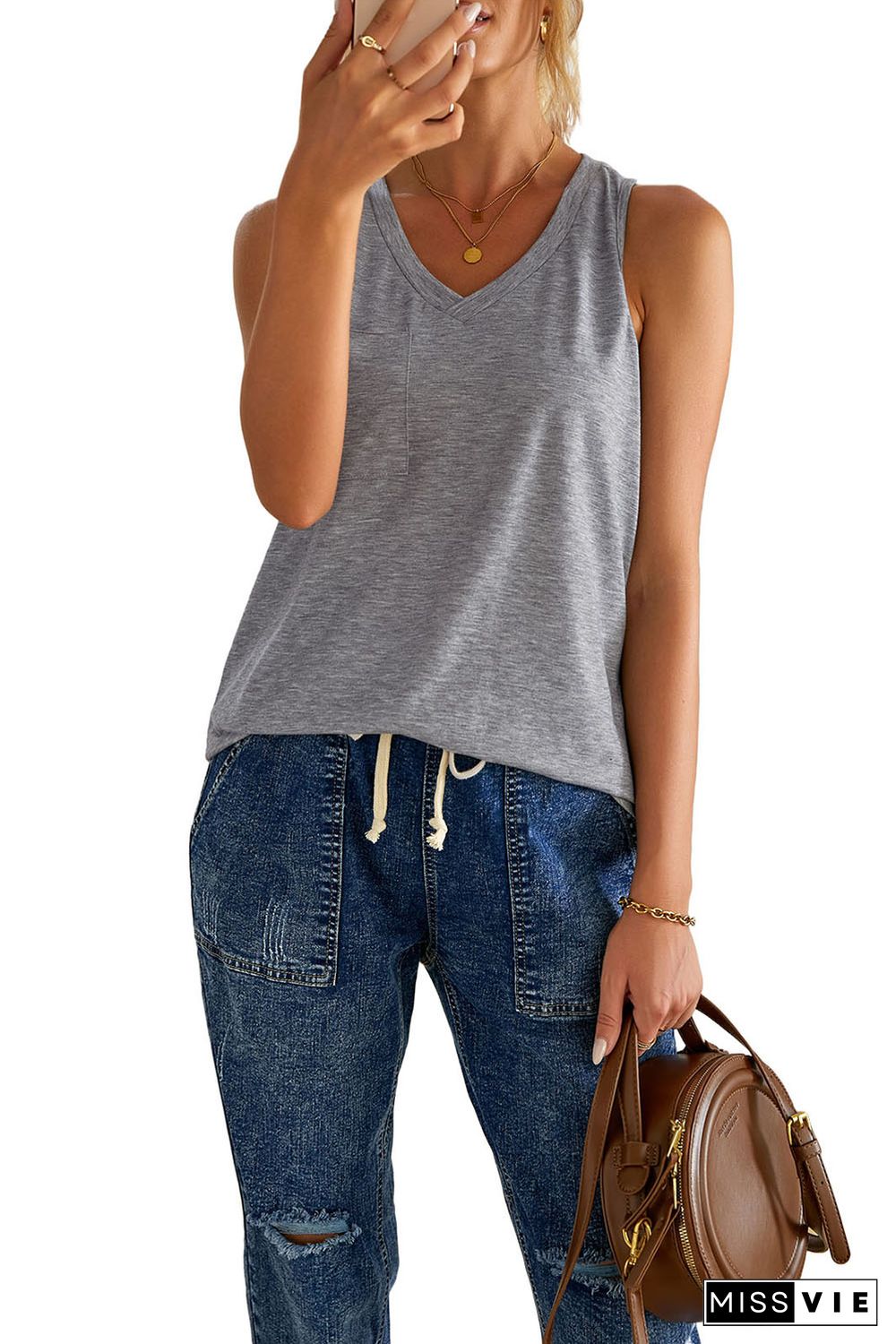 Gray V Neck Racerback Tank Top with Pocket