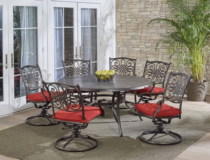 Hanover Traditions 7-Piece Outdoor Dining Set In Red/Cast With 6 Swivel Rockers， 60 Round Cast Table