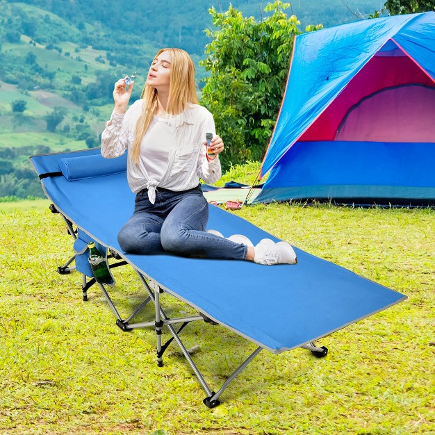 Folding Camping Cot Heavy duty Outdoor Cot Bed W Side Storage Pocket Green blue