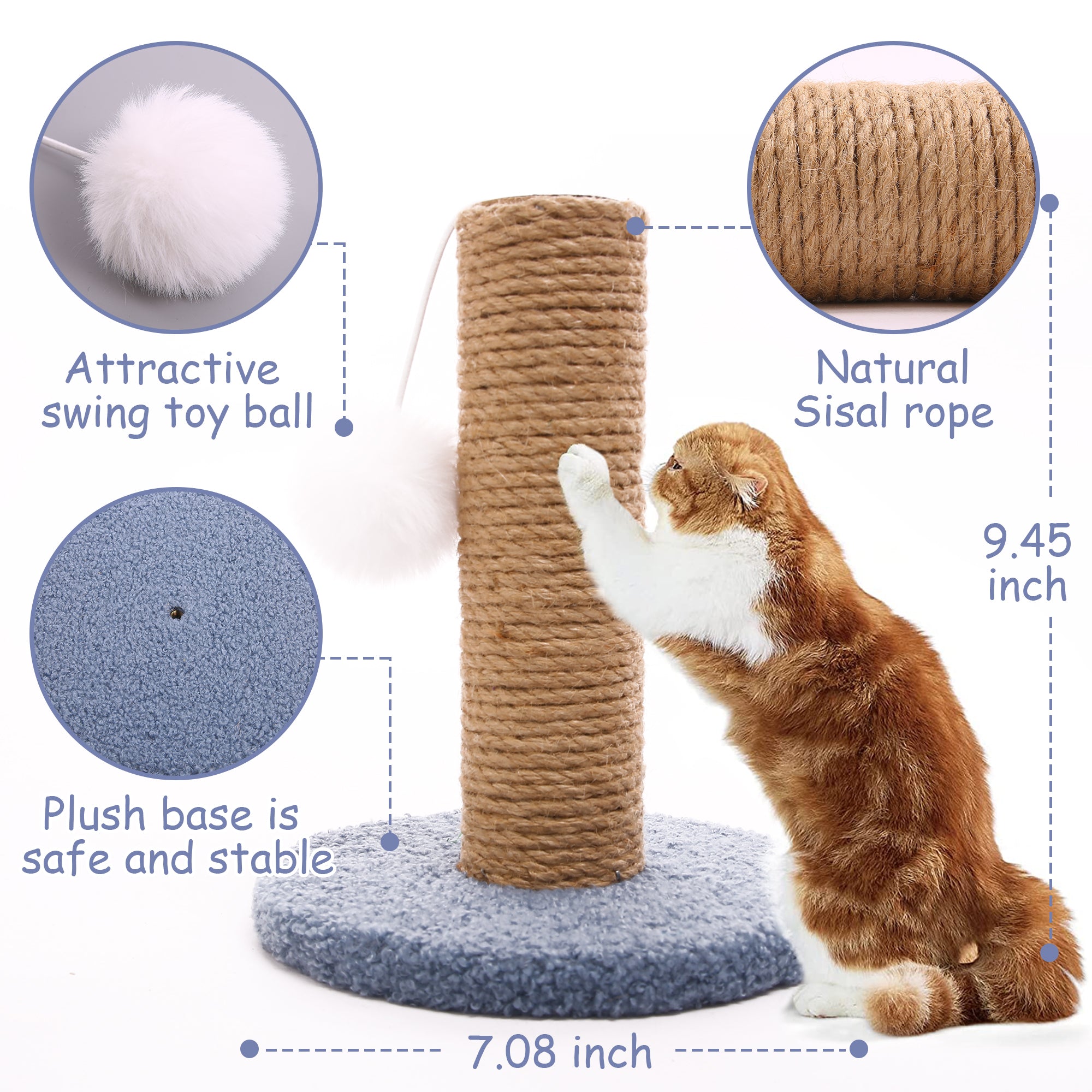 PUMYPOREITY Cat Scratching Post， Sisal Scratch Posts with Hanging Ball， Durable Sisal Rope Claw Scratcher for Cats， Pet Scratch Sturdy Scratcher Pole Tower