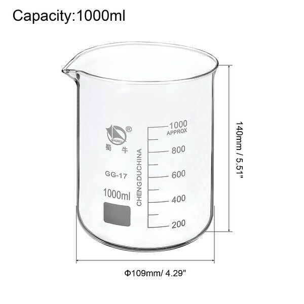 1000ml Low Form Glass Beaker， 3.3 Borosilicate Lab Measuring Cups - Clear