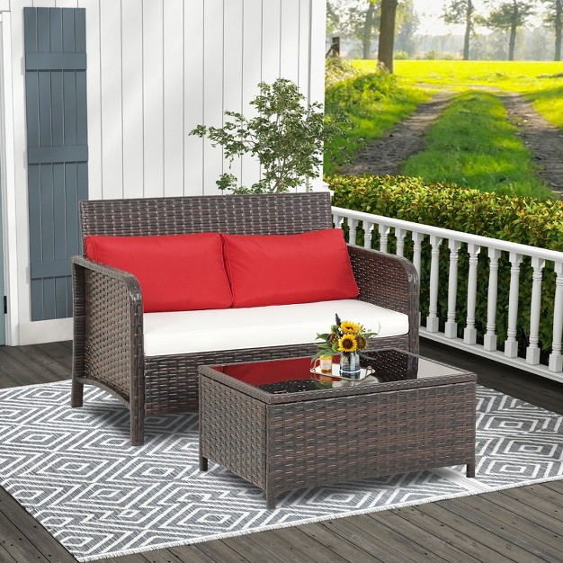 Tangkula 2pcs Patio Pe Wicker Rattan Loveseat Sofa Set W Coffee Table amp Cushions