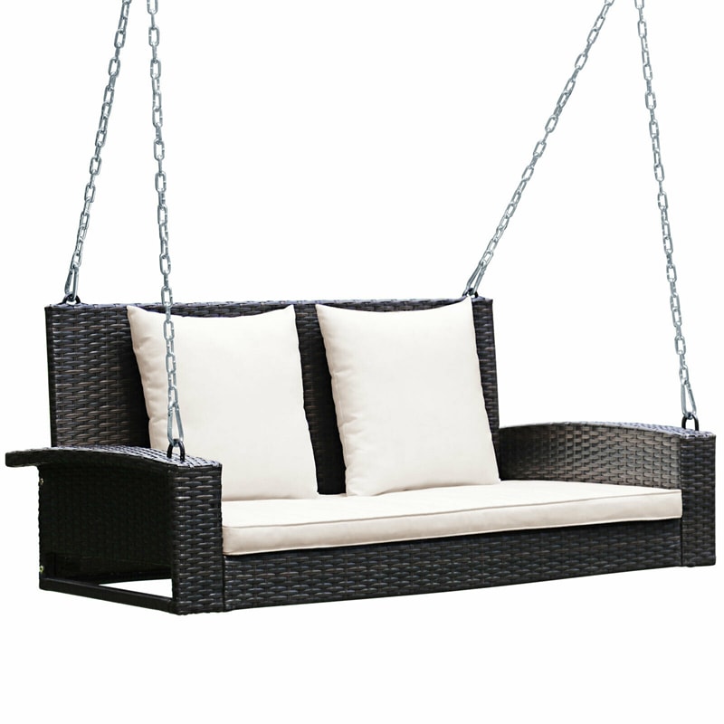 2-Person Outdoor Wicker Hanging Porch Swing Bench with Seat & Back Cushions