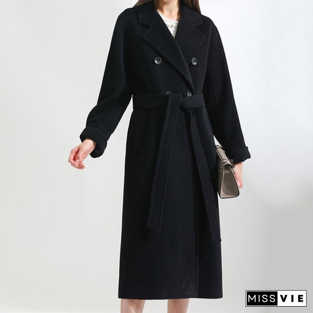 New Fashion Lapel Coat Slim Double Breasted Long-sleeved Silm Solid Color Woman Trench Coats