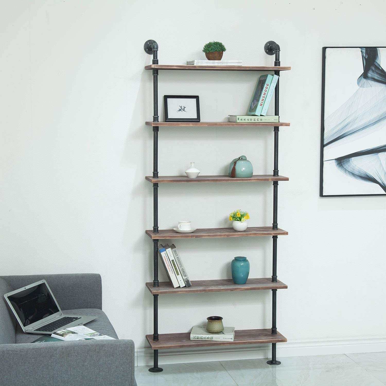 Industrial Pipe Shelves Rustic Wood Ladder Bookshelf Wall Mounted Shelf for Living Room Decor and  (32in  6 Layers)