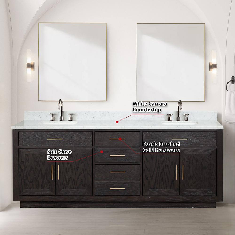 Lexora Condor 84 in W x 22 in D Black Oak Double Bath Vanity Carrara Marble Top and 36 in Mirrors LVCO84DJ110