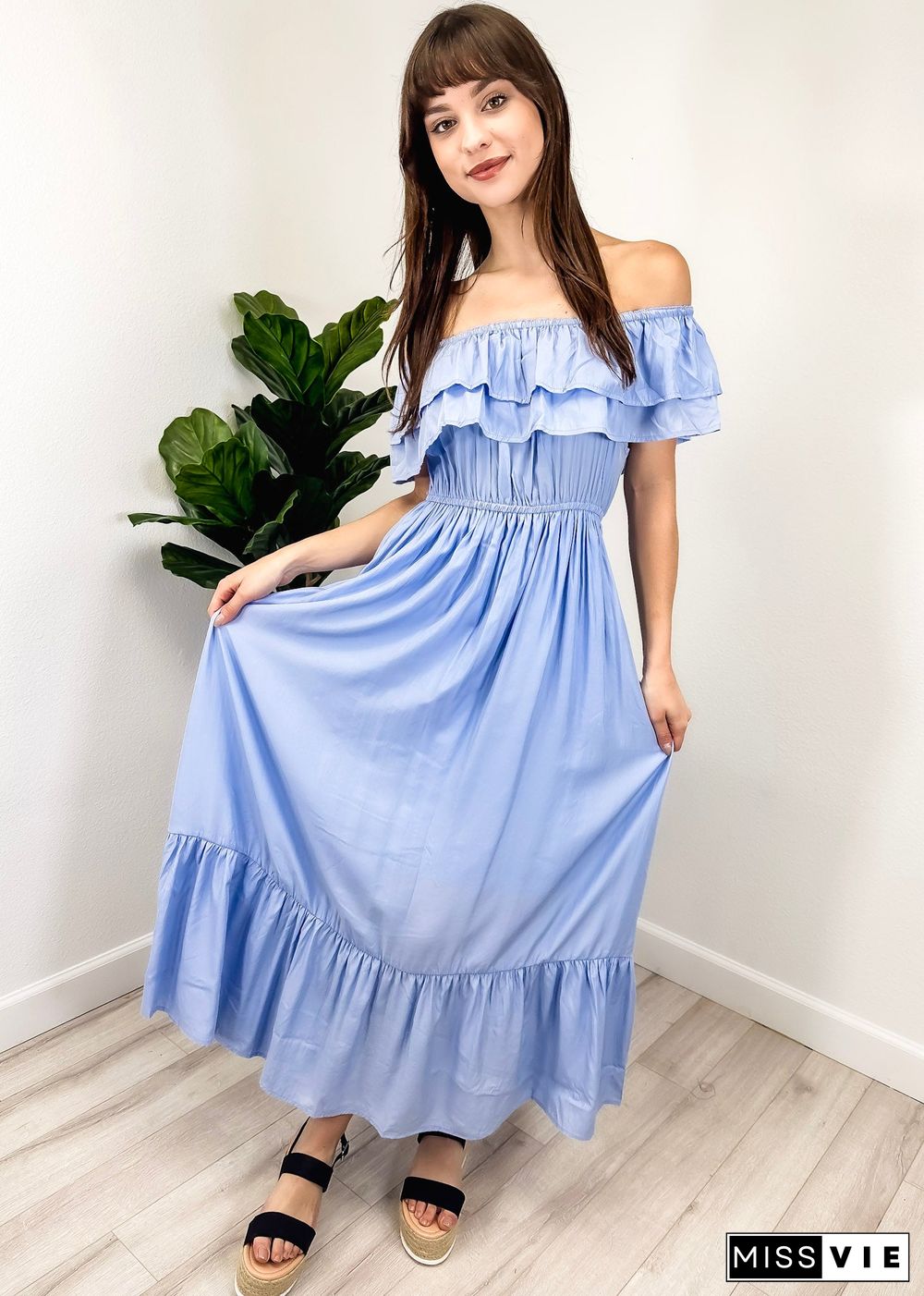 Grecian Ruffle Stretch Maxi Long Dress