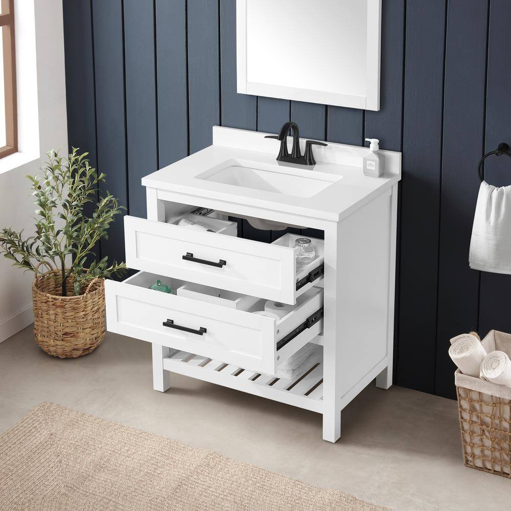 Home Decorators Collection Autumn 30 in. W x 19 in. D x 34.50 in. H Freestanding Bath Vanity in White with White Engineered Stone Top Autumn 30W