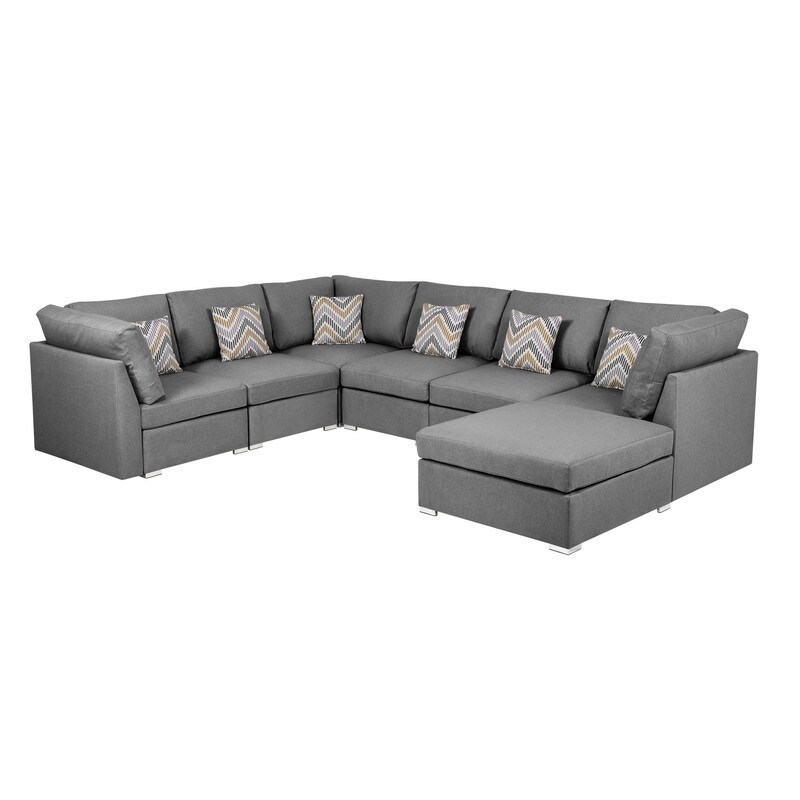 7Pc Modular Sectional Sofa  Reversible Fabric Sofa Chaise with 6 Accent Pillows and Removable Seat and Back Cushions