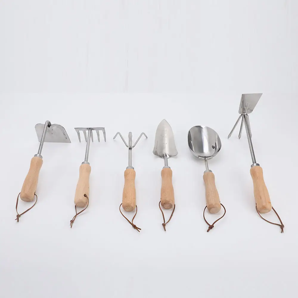 6 Pcs Garden Tools Multi function Stainless Steel Mini Hand Hoe with Wooden Handle