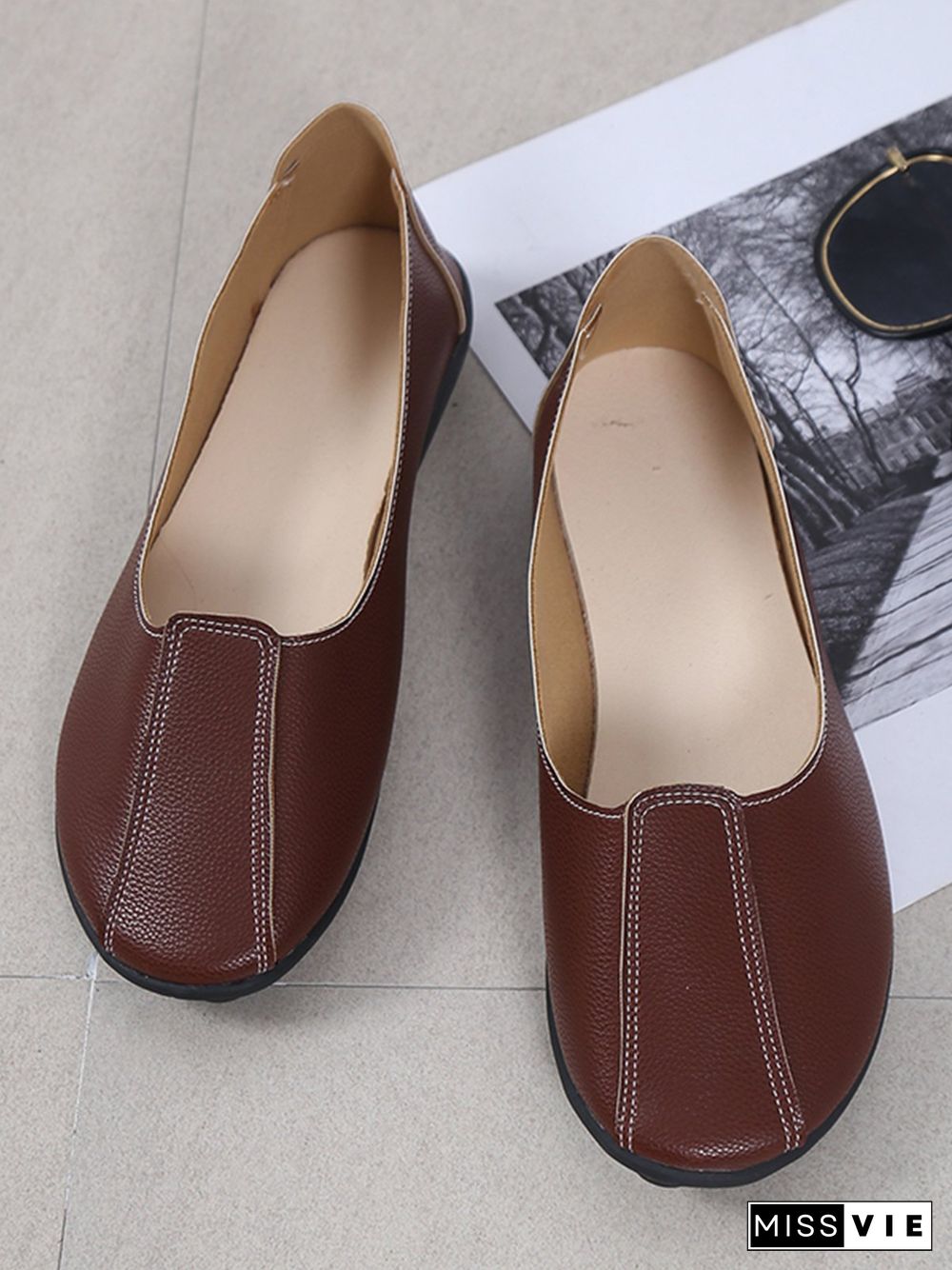 Women Casual Plain All Season Wearable Daily Flat Heel Pu Rubber Slip On Flats