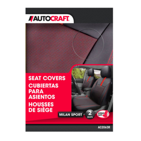 Autocraft Car and SUV Seat Cover， Black/Red Faux Leather， Sporty， Universal， 2PK Low Back， Perforated