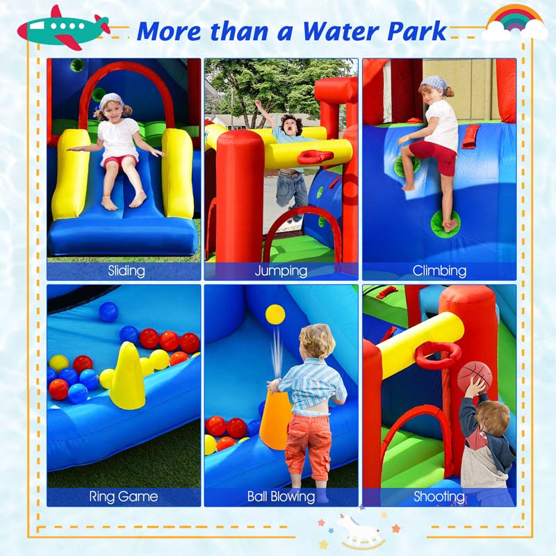 9-in-1 Kids Giant Water Park Inflatable Bounce House with Long Water Slide, Trampoline, Climbing, Ball Pit, Water Cannon