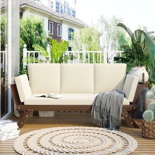 Outdoor Adjustable Patio Wooden Daybed Sofa Chaise Lounge with Cushions for Small Places