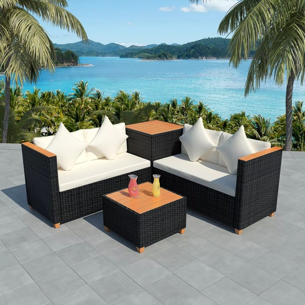 vidaXL 4 Piece Patio Lounge Set with Cushions Poly Rattan Black   46.5\