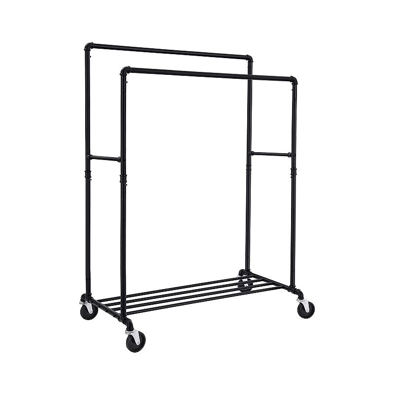 Industrial Pipe Clothes Rack Double Rail on Wheels with Commercial Grade Clothing Hanging