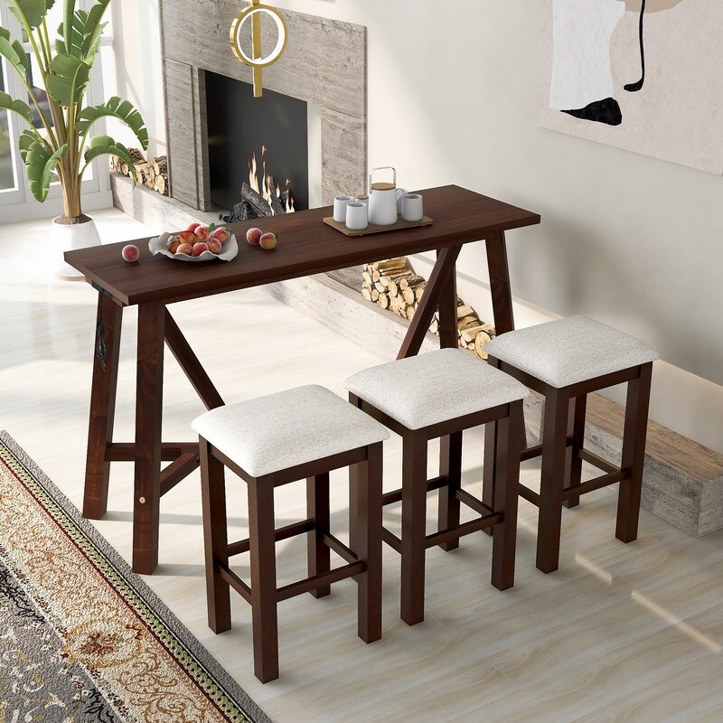 4 piece bar table with 3 upholstered stools， dining table， wooden bar table with USB port and power bank